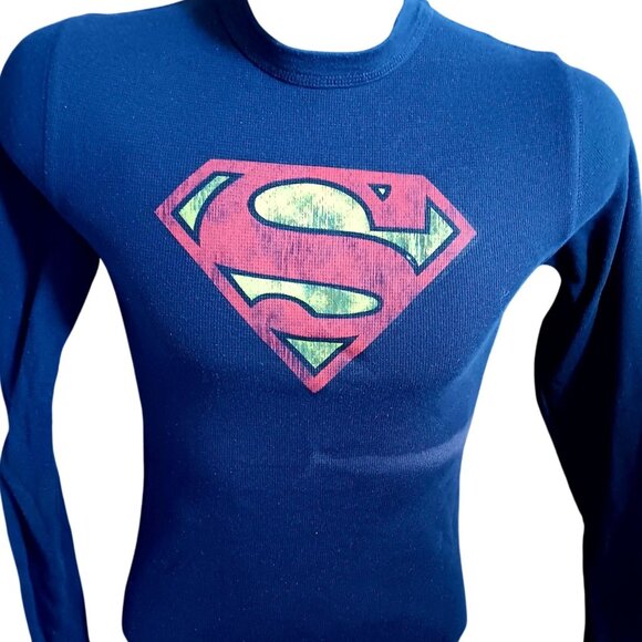 Vintage Small Men's Thermal Shirt Y2K Superman Blue Long Sleeve Logo - Picture 1 of 5